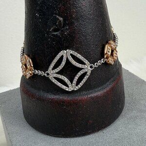 Fossil Stainless Steel Silver & Gold Tone Rhinestone Chain Bracelet 7.75"